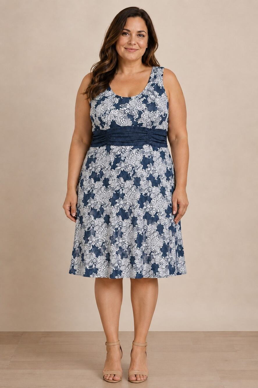 Perceptions New York XL Blue White Floral Print Ruched Waist Midi Dress